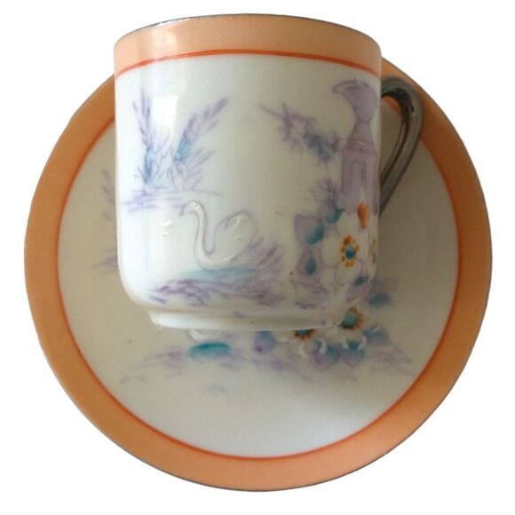 Lustreware Demitasse Espresso Cup Saucer Hotta Yu Shoten Moriage Swans Floral. - Picture 2 of 16